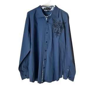 Victorious Men Button Up Shirt Blue Embroidered Rhinestones 2XL‎